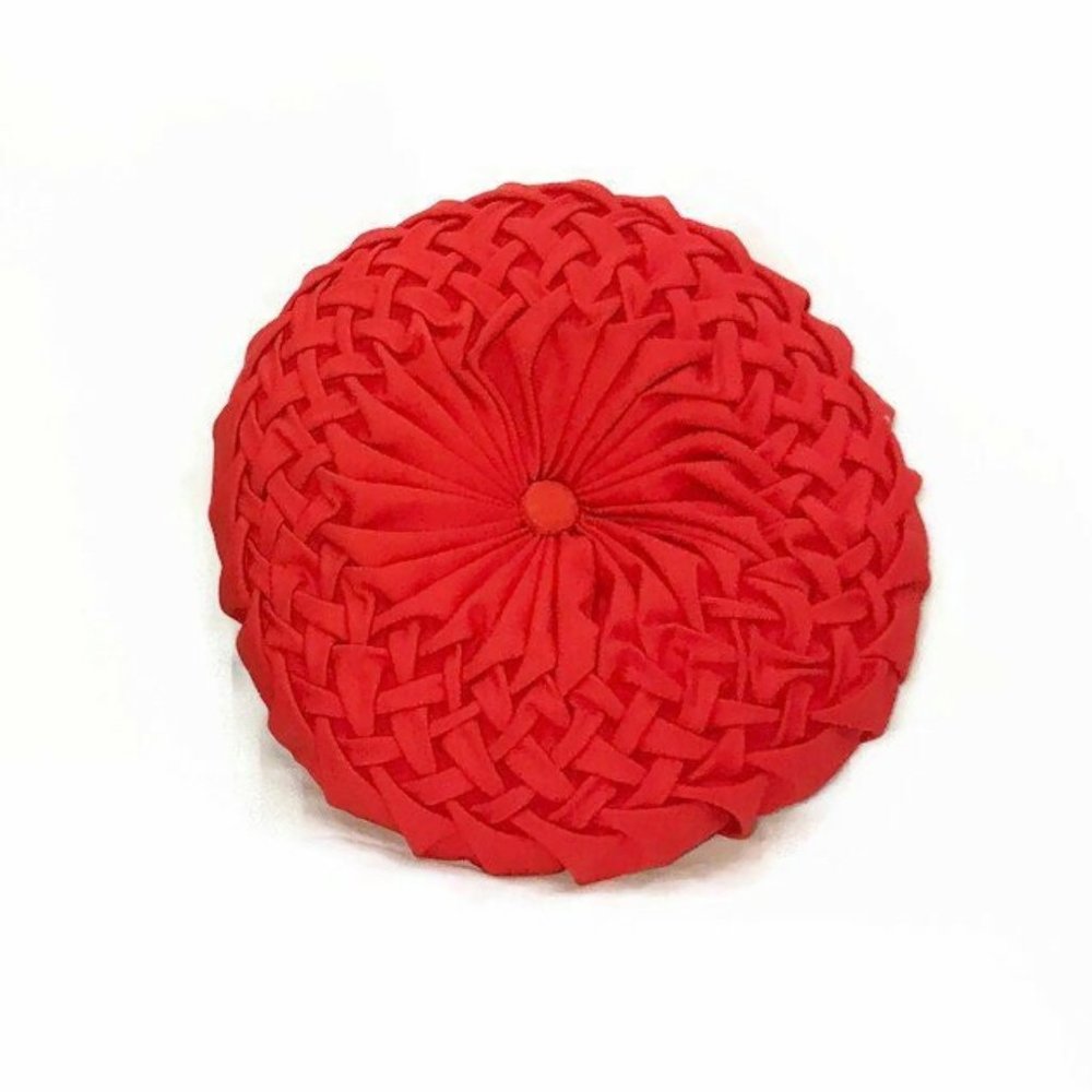 Vintage 50s Pillow Smocked Round Red Hollywood Regency MCM decor